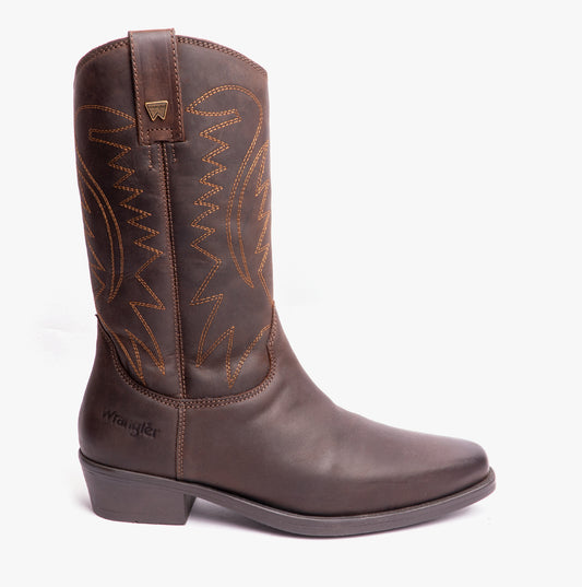 Wrangler TEXAS II HI Mens Leather Calf Length Cowboy Boots Dark Brown