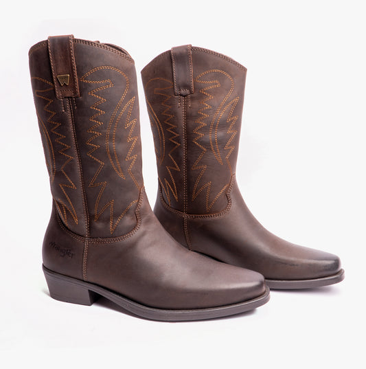 Wrangler TEXAS II HI Mens Leather Calf Length Cowboy Boots Dark Brown