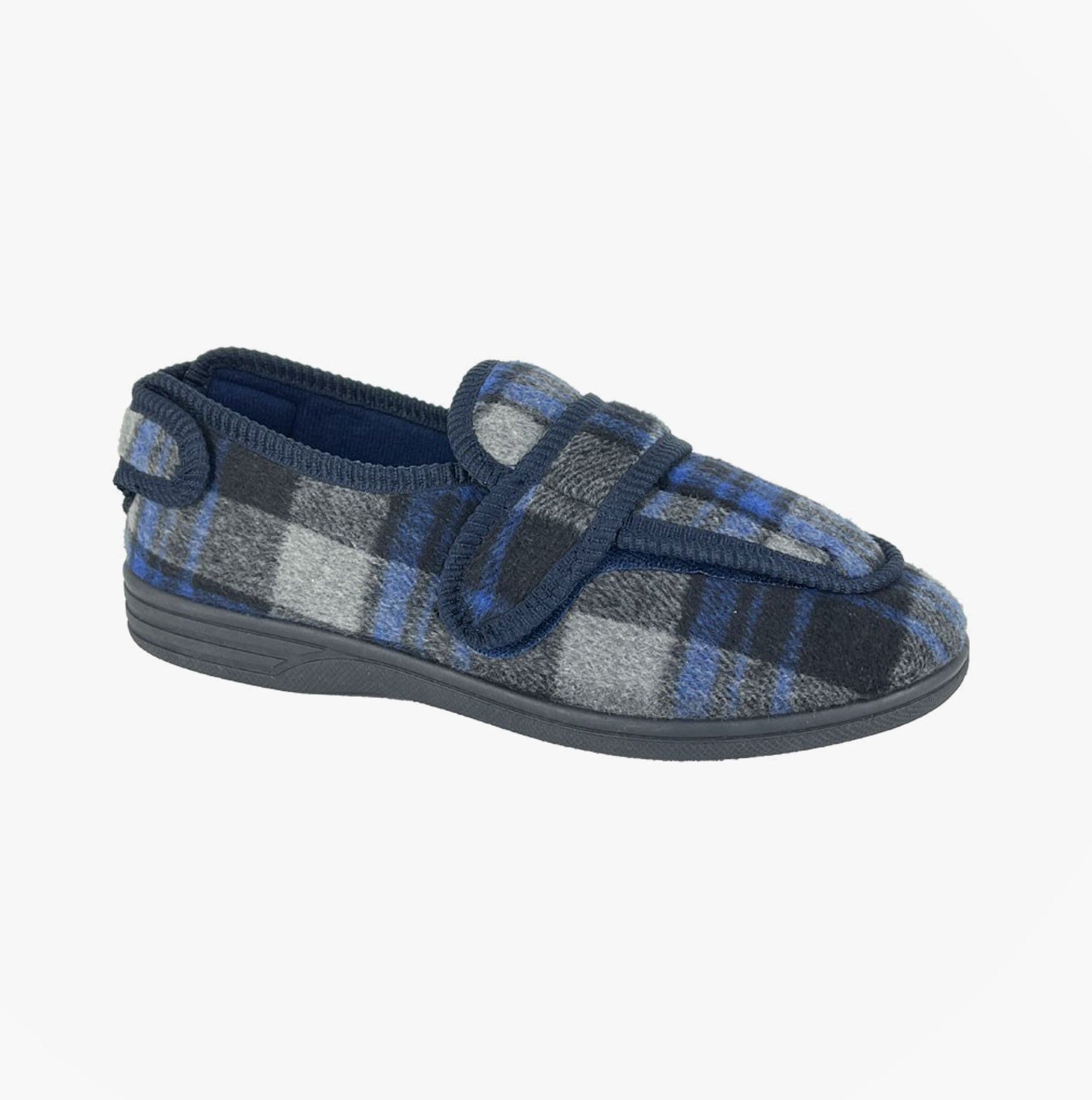 Zedzzz PETER Mens Touch Fasten/Velcro Slippers Navy Blue Check