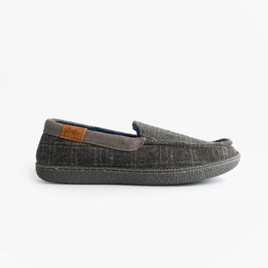 Zedzzz NEVILLE Mens Moccasins Slippers Grey side view showing textile upper and low heel.