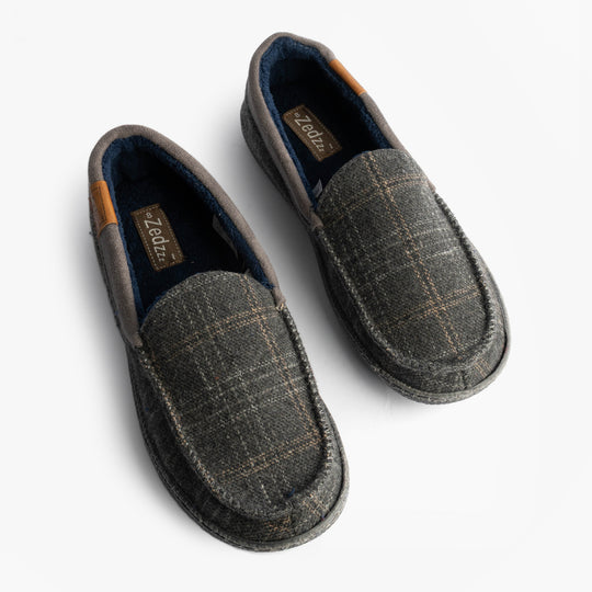 Zedzzz NEVILLE Mens Moccasins Slippers Grey top view showcasing textured fabric and slip-on design.