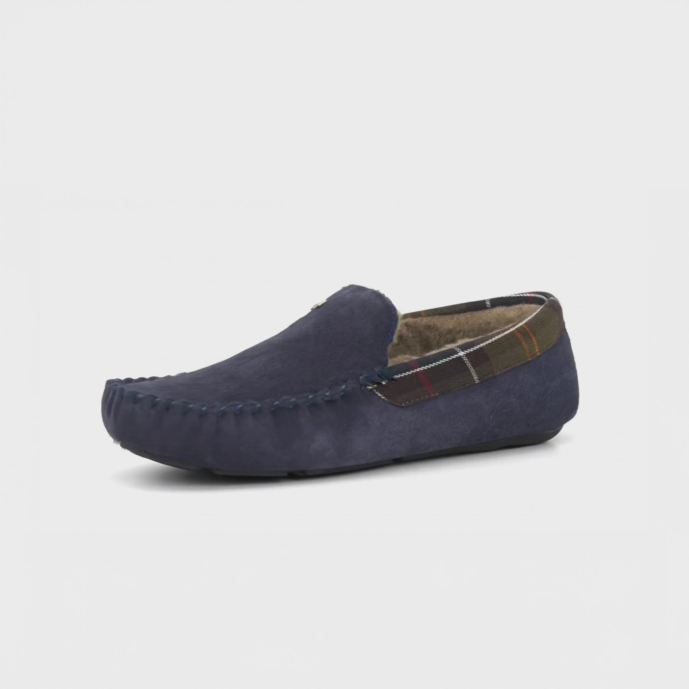Barbour MONTY Mens Slippers Navy side view featuring suede upper, warm lining, and rubber sole.