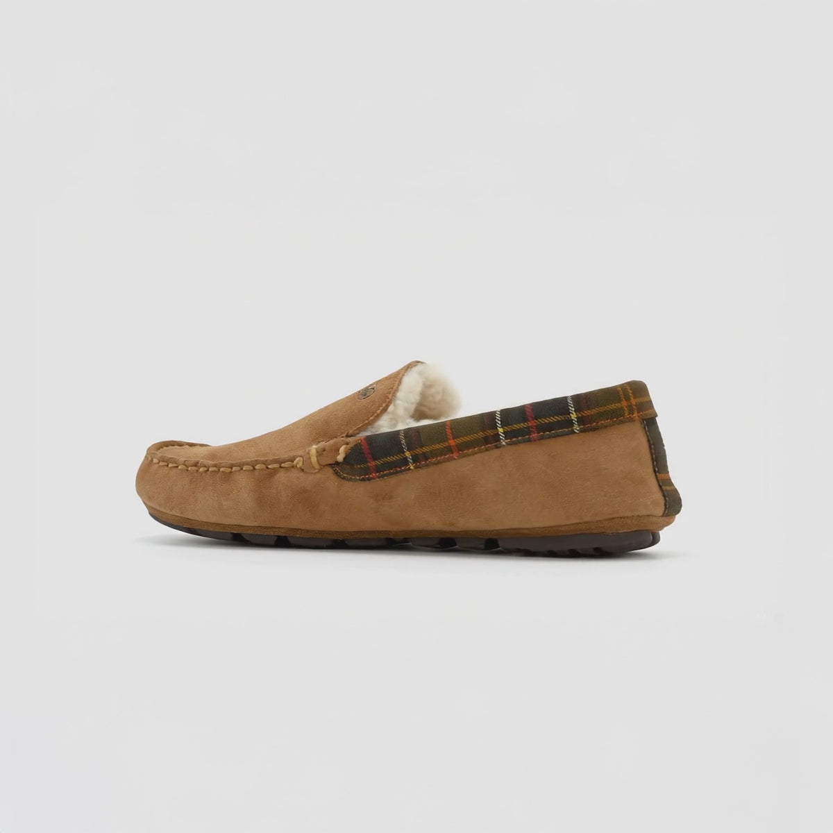 Barbour MONTY Mens Slippers Camel side view showcasing suede upper and plaid detailing.